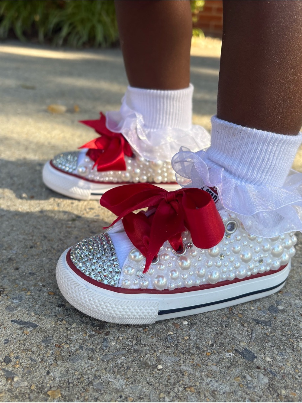 Converse Kids White Pearl & Rhinestone Sneakers with Red Bows
